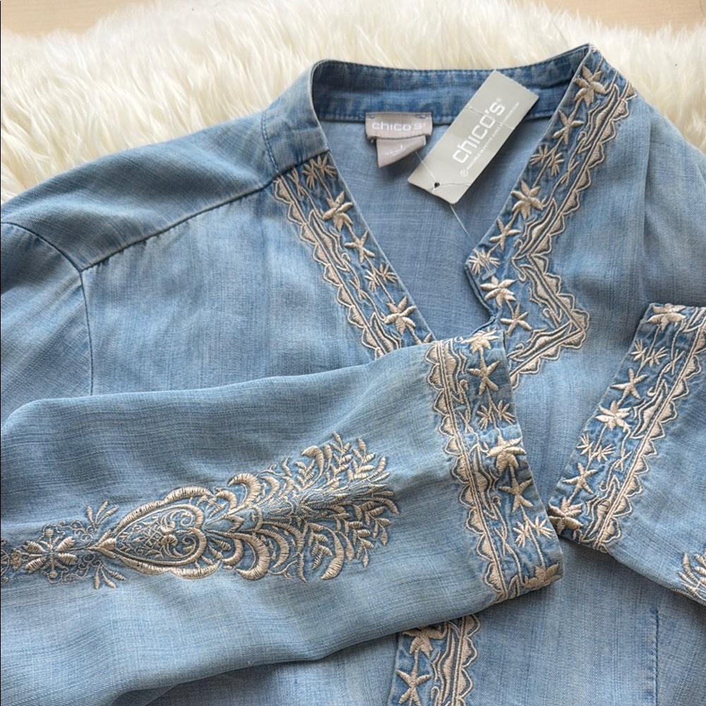 Chicos Embroidered Light Wash Denim Kimono Jacket - Light Blue